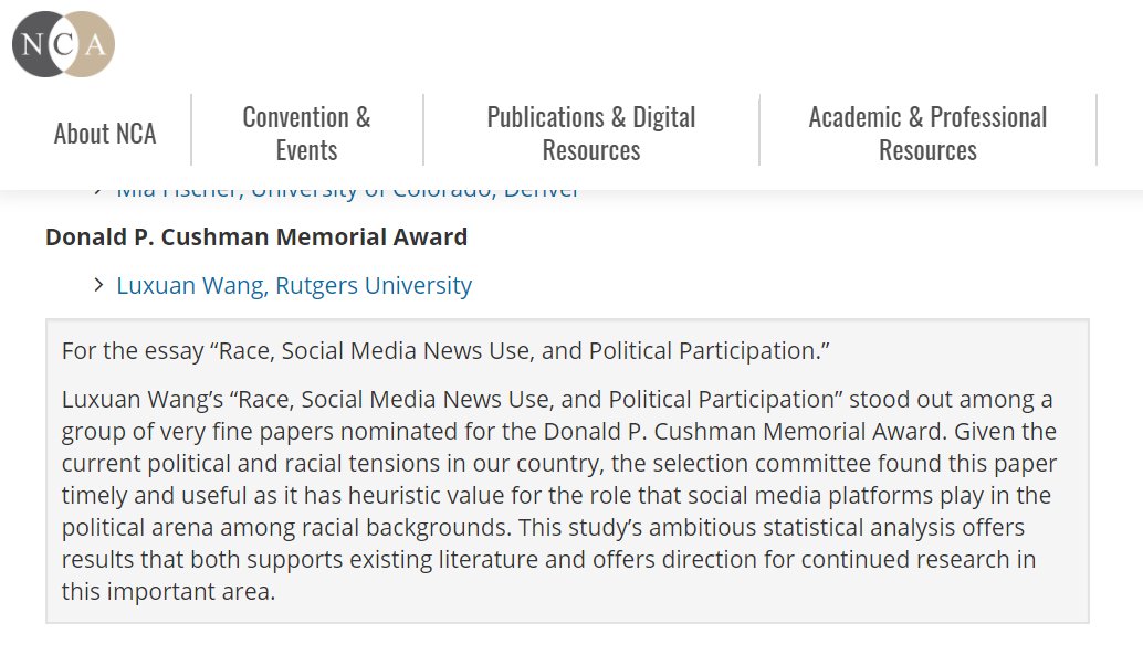 Very proud of <a href="/RutgersCommInfo/">Rutgers School of Communication and Information</a> PhD student Luxuan Wang <a href="/sanchxuan/">Luxuan Wang</a> for winning <a href="/NatComm/">National Communication Association</a>'s Donald P. Cushman Memorial Award. Congrats, Luxuan! natcom.org/awards/2020-nc…