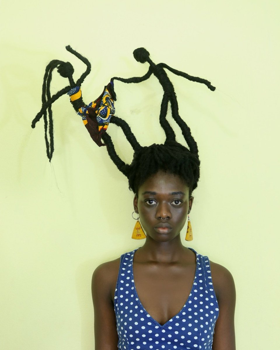 CCrouard's tweet photo. Laetitia Ky against sexual harassment #laetitiaky #artiste #ivorycoast #cotedivoire #art #twittart #hairsculpture #womenartists #aetisteengagée #twittart #artcapilaire #staytunned #talentedartist #strongmessages https://t.co/TuZhyhLBKK