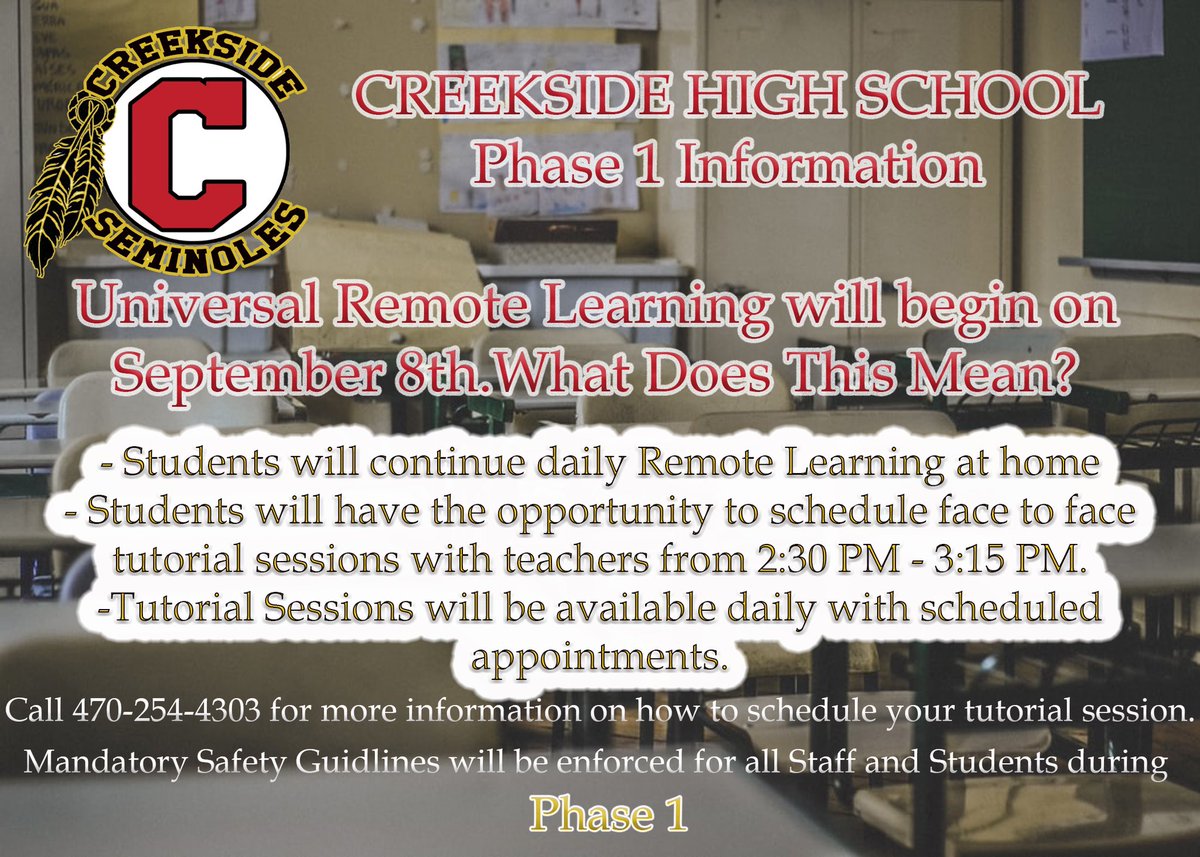 Creekside High (@creekside_high) on Twitter photo Clarity for all Stakeholders on the Phase 1 Reopening plan for students. Students will remain in Remote Learning. Face to Face opportunity for Tutorials will be available. <a href="/Fpollock_jr/">Dr. Frankie Pollock Jr.</a> <a href="/parents4edu_SF/">South Fulton Parents</a> <a href="/DrTamaraCandis/">Dr. Tamara Candis</a> <a href="/FultonCoSchools/">FultonCountySchools</a> Clarity for all Stakeholders on the Phase 1 Reopening plan for students. Students will remain in Remote Learning. Face to Face opportunity for Tutorials will be available. <a href="/Fpollock_jr/">Dr. Frankie Pollock Jr.</a> <a href="/parents4edu_SF/">South Fulton Parents</a> <a href="/DrTamaraCandis/">Dr. Tamara Candis</a> <a href="/FultonCoSchools/">FultonCountySchools</a>