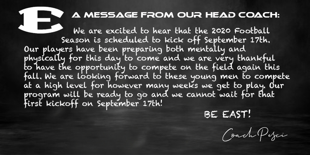 BeEast_Football's tweet photo. An Exciting Message from our Head Coach Joe Pesci (@JPCPA17): https://t.co/a79VcjxwWX