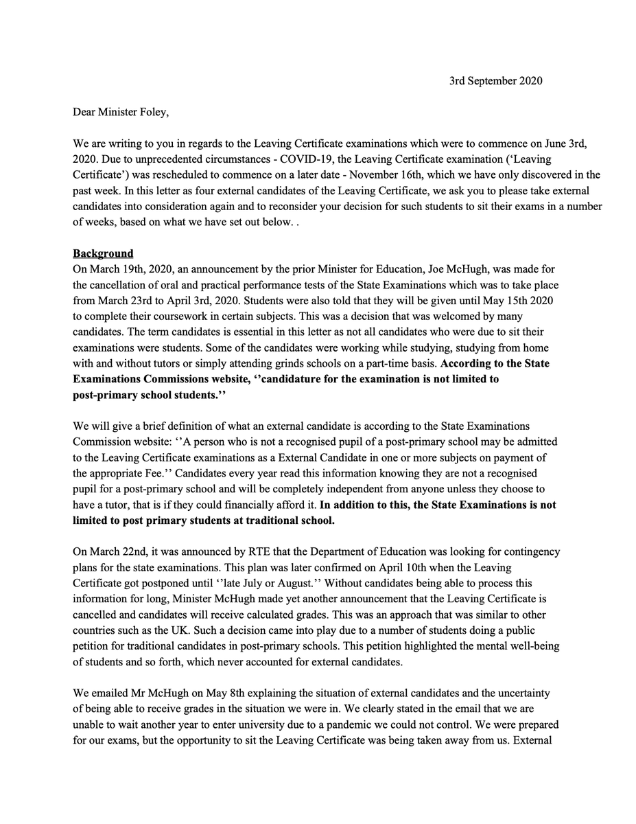2020External's tweet photo. This is of an URGENT matter to the attention of @NormaFoleyTD1 and @Education_Ire. 

Please retweet and comment in order for this to be brought to their attention. This is a matter regarding #LeavingCert2020 as well as External Candidates. https://t.co/kfEdha2yGw