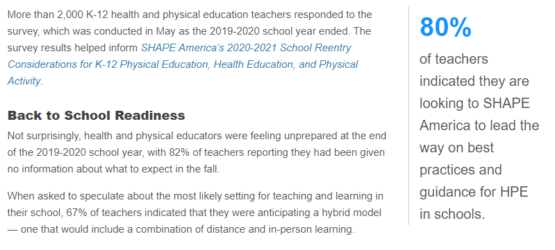 SHAPEAmerica's tweet photo. Survey Results Reveal Back to School Readiness and Concerns of Nation’s Health and Physical Education Teachers
Read about what our survey found, what we have released in response to your needs and what is coming #SHAPEReentry
👉https://t.co/IYC0P2qQSK https://t.co/soAuO5EN7r