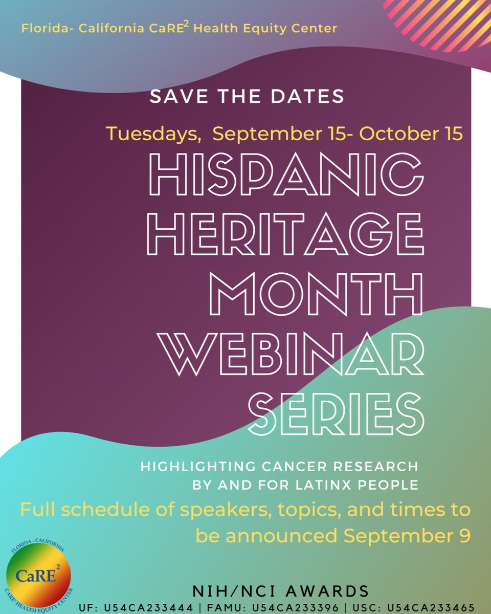 ❗SAVE THE DATES! During September & October, to celebrate Hispanic Heritage Month, we will hold a series of weekly webinars given by leaders in the field of #cancer #healthdisparities among #Hispanics. Follow us to stay tune for more details! 
#Latinx #healthequity #LatinoHealth