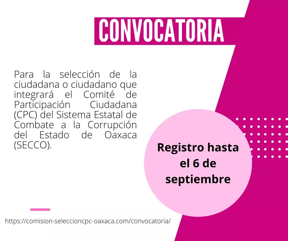 ComisionOaxaca's tweet photo. 📢 CONVOCATORIA para ocupar la vacante que dejó el C. Gaspar Jiménez Triste en el Comité de Participación Ciudadana, cargo que concluirá el 15 de enero de 2021.

Convocatoria 👉 https://t.co/VKxK3AbO7Q

Formatos 👉 https://t.co/bYGb8QhWQ8

Registro 👉 https://t.co/T5JsDTomJP https://t.co/yn5qEJZNLP