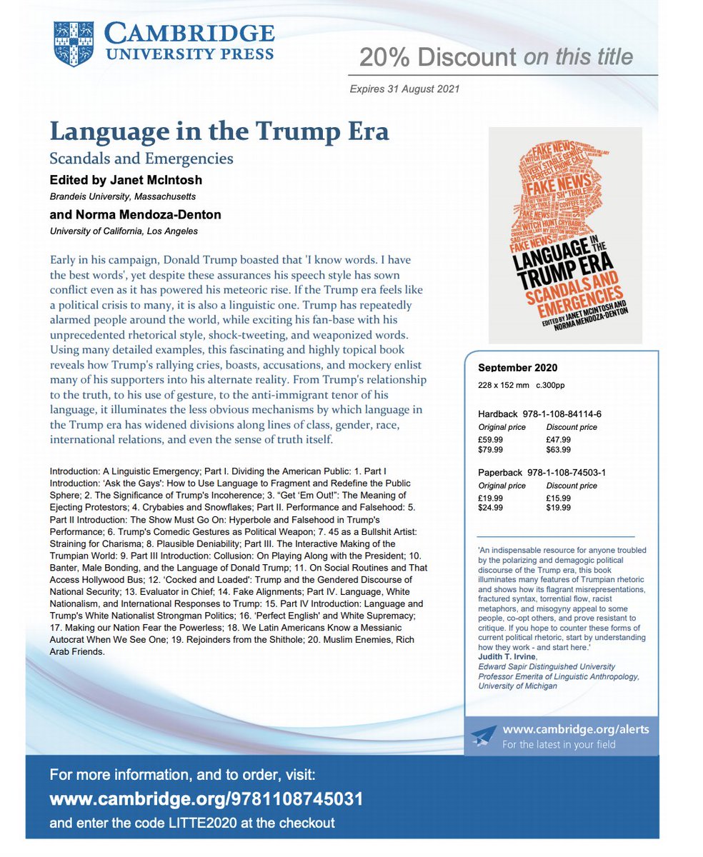 LangInTrumpEra's tweet photo. Language in the Trump Era is out today! books📚 🎉

Everyone is saying that it's the greatest book on Trump's language in history. Amazing scholarship, frankly. 

Edited by @janetmc6 &amp; @normamd8 

discount code ⬇️ https://t.co/uD0xoUQFW3