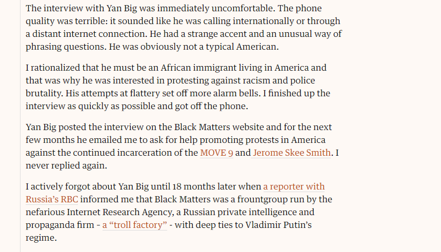 Here is Micah's tale of how he was contacted by a Russian troll after Occupy Wall Street wound down. https://www.theguardian.com/commentisfree/2017/nov/02/activist-russia-protest-occupy-black-lives-matterh/t  @sisu_sanity