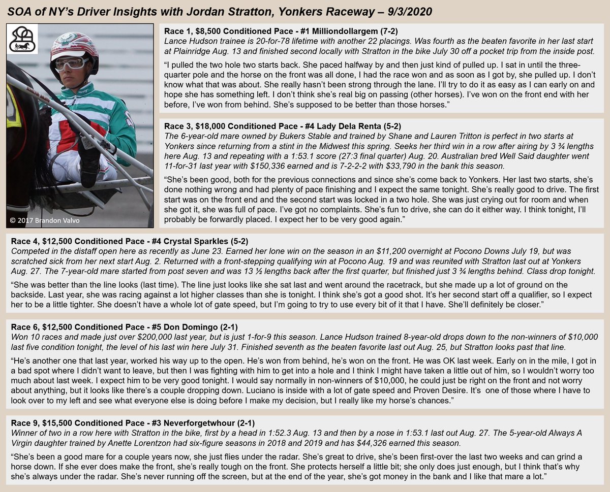 Just over an hour until the 7:12 p.m. first post time at <a href="/YonkersRaceway/">Yonkers Raceway</a>. Tonight's featured driver is Jordan Stratton - read what he had to say about some of his drives on tonight's 9-race card. #HarnessRacing