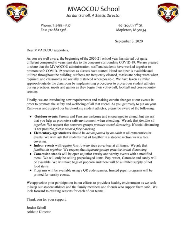 MVAOCOURams's tweet photo. Below is a letter to our activity supporters from Athletic Director, Jordan Scholl.  Please read it before attending any Ram athletic events. https://t.co/huhGk9RoGg