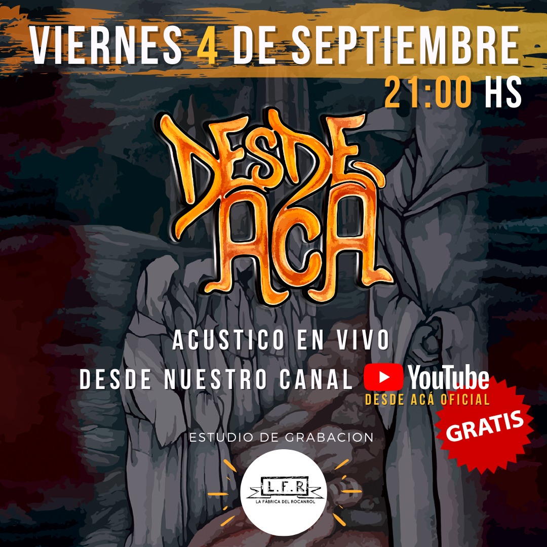 desdeacarock's tweet photo. Show Streaming EN VIVO Gratis!!!

El próximo viernes 4 de septiembre a las 21hs vamos a estar haciendo un show EN VIVO acústico GRATIS!! 

Les dejamos el link y les pedimos que se suscriban a nuestro canal de Youtube "DESDE ACA OFICIAL" para estar al tanto de todas las novedades https://t.co/hih4QkjkW5