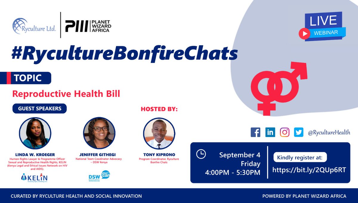 RycultureHealth's tweet photo. The #reproductivehealth Bill has been a controversial one. To lay bare the facts as they appear on paper we'll be having our #BonfireChat tomorrow with @Tonychery3 @LinKROEGER & Jeniffer as they bring the facts. Make informed choices, be heard.
Register: https://t.co/ODB0wthEqO https://t.co/5Pr9fShsHv