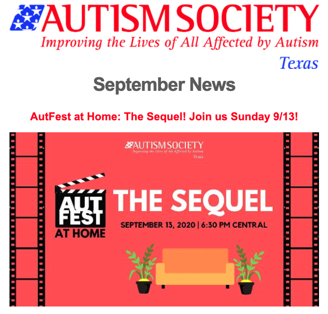 AutismTx's tweet photo. Join us! #AutFest At Home: The Sequel is 9/13, #AutismRideRun is 10/25, tee size deadline this Monday! Register: https://t.co/i7ZZQqYFpf. Read about our online support groups & advocacy initiatives too!
Sept. News: https://t.co/fwQVoYFayd
Subscribe: https://t.co/CqTUTXyBif https://t.co/gQJ63a61DL