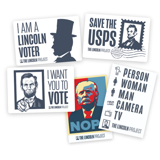 Vinyl decals and bumper stickers.

Get yours here: lincolnproject.us/gear/