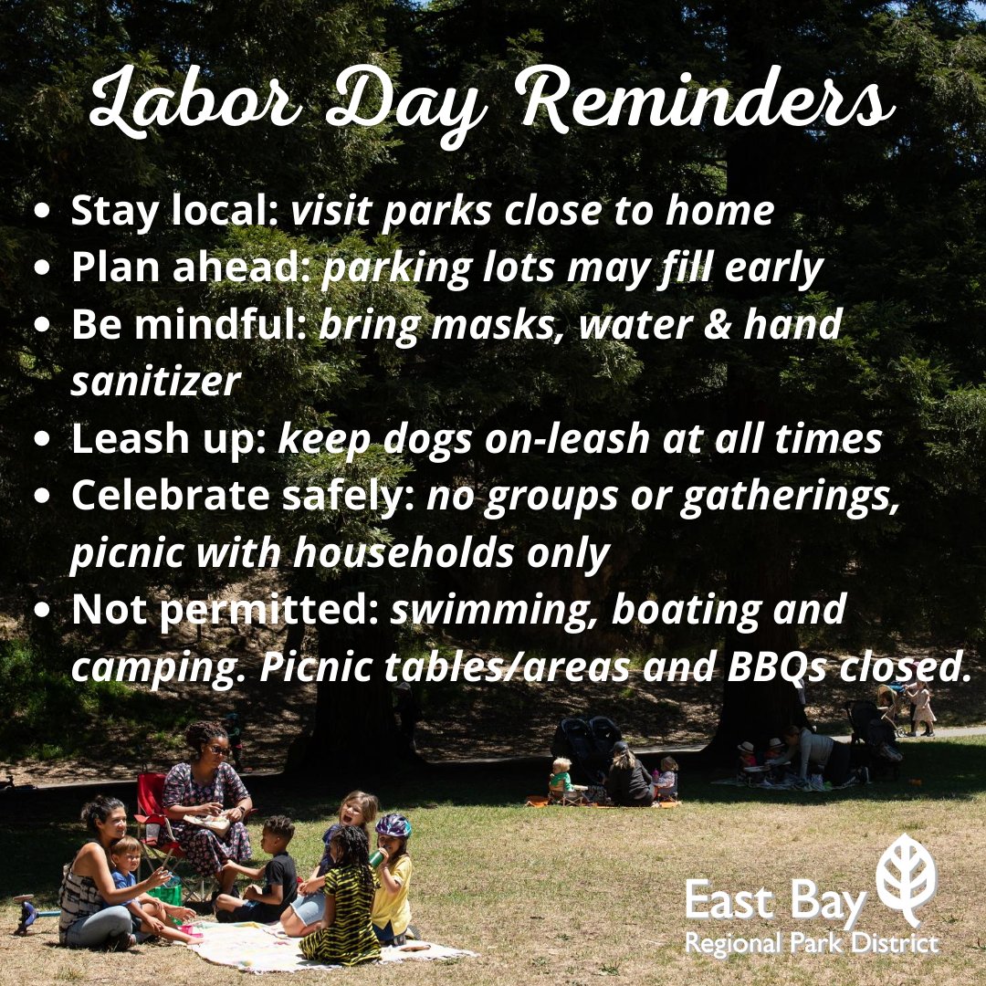 EBRPD's tweet photo. Regional Parks expect high visitation during the Labor Day weekend. To avoid crowds try celebrating park activities at home, like picnicking, camping, BBQing & outdoor games w/small family gatherings. Let's keep parks safe this holiday weekend. #RecreateResponsibly #KeepParksSafe https://t.co/DX4WbhUdTv