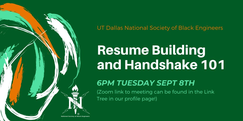 UtdNsbe's tweet photo. Tuesday, September 8th is another UTDNSBE meeting! Join us as we get ready for the internship fair season! We are hosting a Resume Building workshop and Handshake 101 crash course to help you best utilize these resources to streamline your job hunting journey! https://t.co/azXqBRb2er