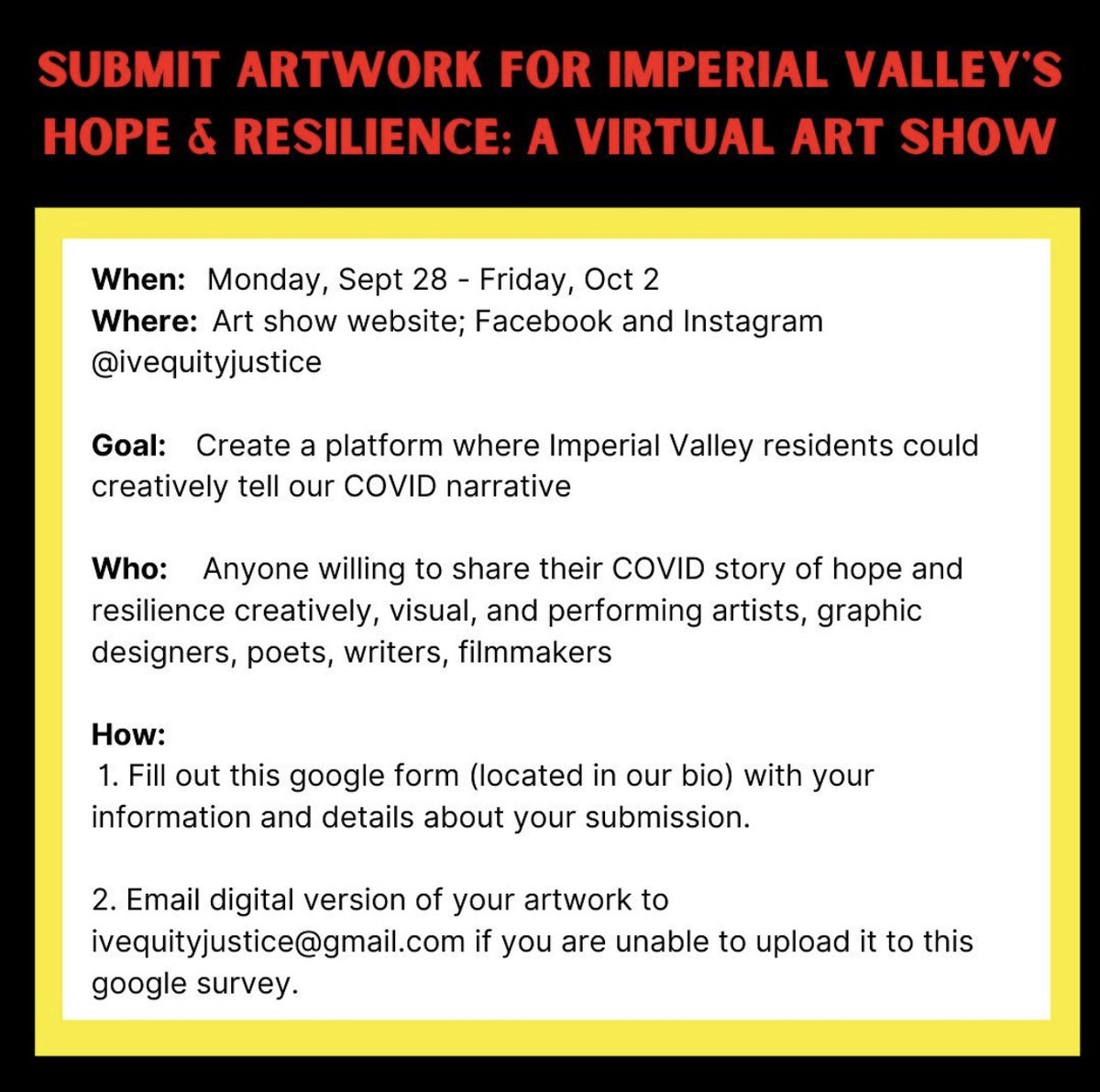 ivequityjustice's tweet photo. We'd love it if you could also submit! Submissions could be: photographs, paintings, poetry, pre-recorded performance, short stories, etc. Deadline to submit is 9/25. We strive to seize the power of art to break from the mass media's narrative in order to share our own stories. https://t.co/AFSJBpe8V4