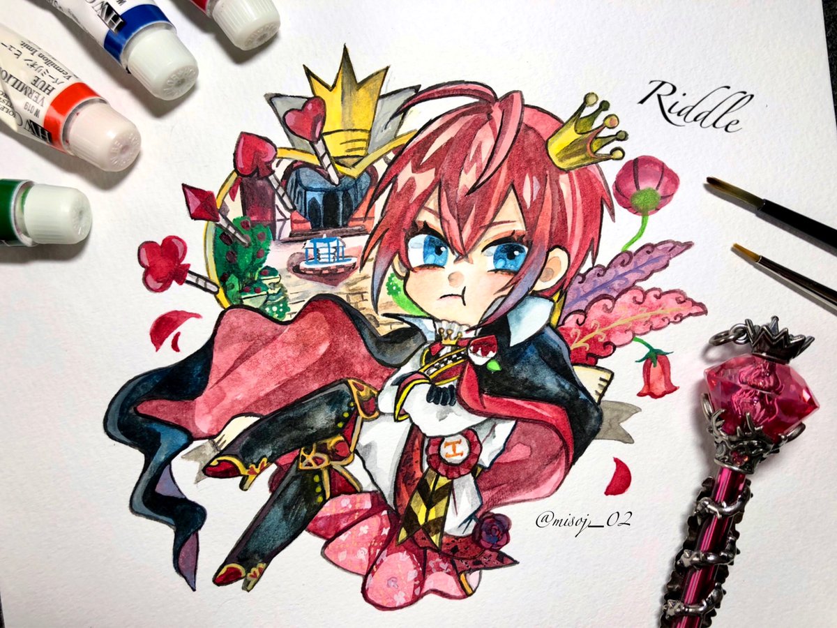 crown blue eyes traditional media 1boy flower red hair male focus  illustration images