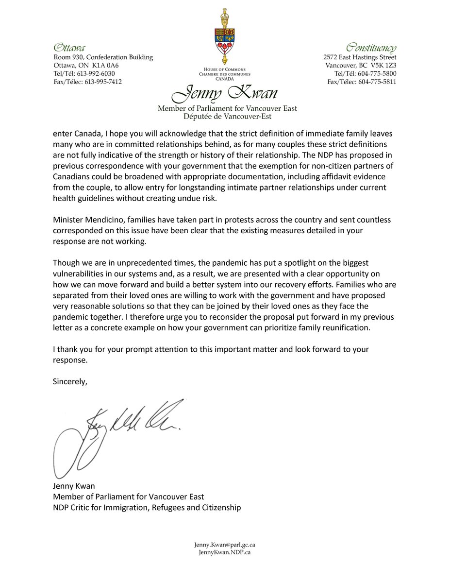My open letter to Minister Mendicino, in follow up to his response to my calls to prioritize family reunification and create a special temporary resident visa as part of the family sponsorship process to ensure more timely reunification. #prioritizefamilysponsorship
