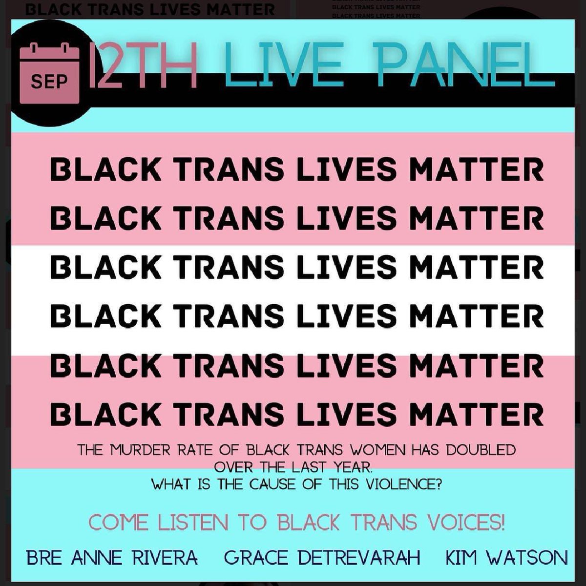 armsaroundsbla's tweet photo. Our panel with 3 amazing trans women is coming soon! 
Mark your calendars.
We must address this serious issue. Our trans sisters are being murdered, particularly our Black ones. Please mark your calendars for our panel to learn more. #blacktranswomenslivesmatter
#blacktranswomen https://t.co/c9jzZcKm80