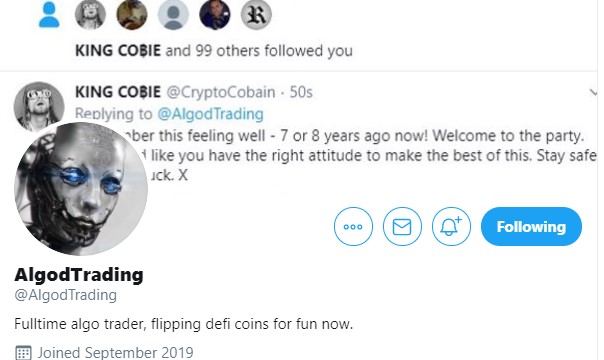 Crypto_mars's tweet photo. @AlgodTrading @donalt Loooooook King Cobie likes me, petulant. https://t.co/qy3EIyHJBV