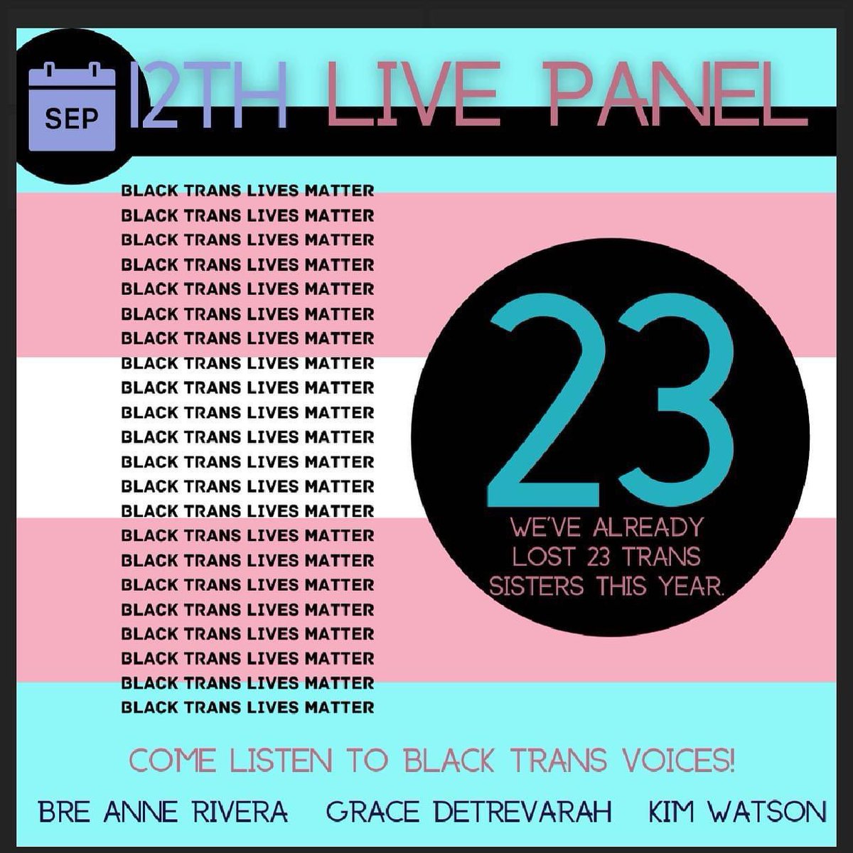 armsaroundsbla's tweet photo. Our panel with 3 amazing trans women is coming soon! 

We must address this serious issue. Our trans sisters are being murdered, particularly our Black ones. Please mark your calendars for our panel to learn more. 
#blacktranswomenslivesmatter
#blacktranslivesmatter https://t.co/tIMEJxOgCH