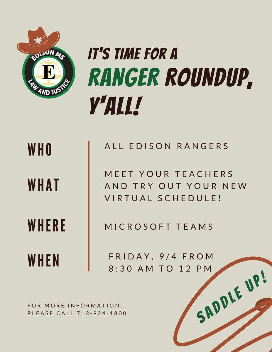 Come meet your teacher! We will be hosting Ranger Roundup tomorrow from 8:30 am to 12:05 pm on Microsoft Teams. Be on the lookout for an invitation from your teacher. <a href="/LopezprinciPAL/">Karina Lopez</a> @Ponce_East @HISDEastArea #edisonlightbulbs