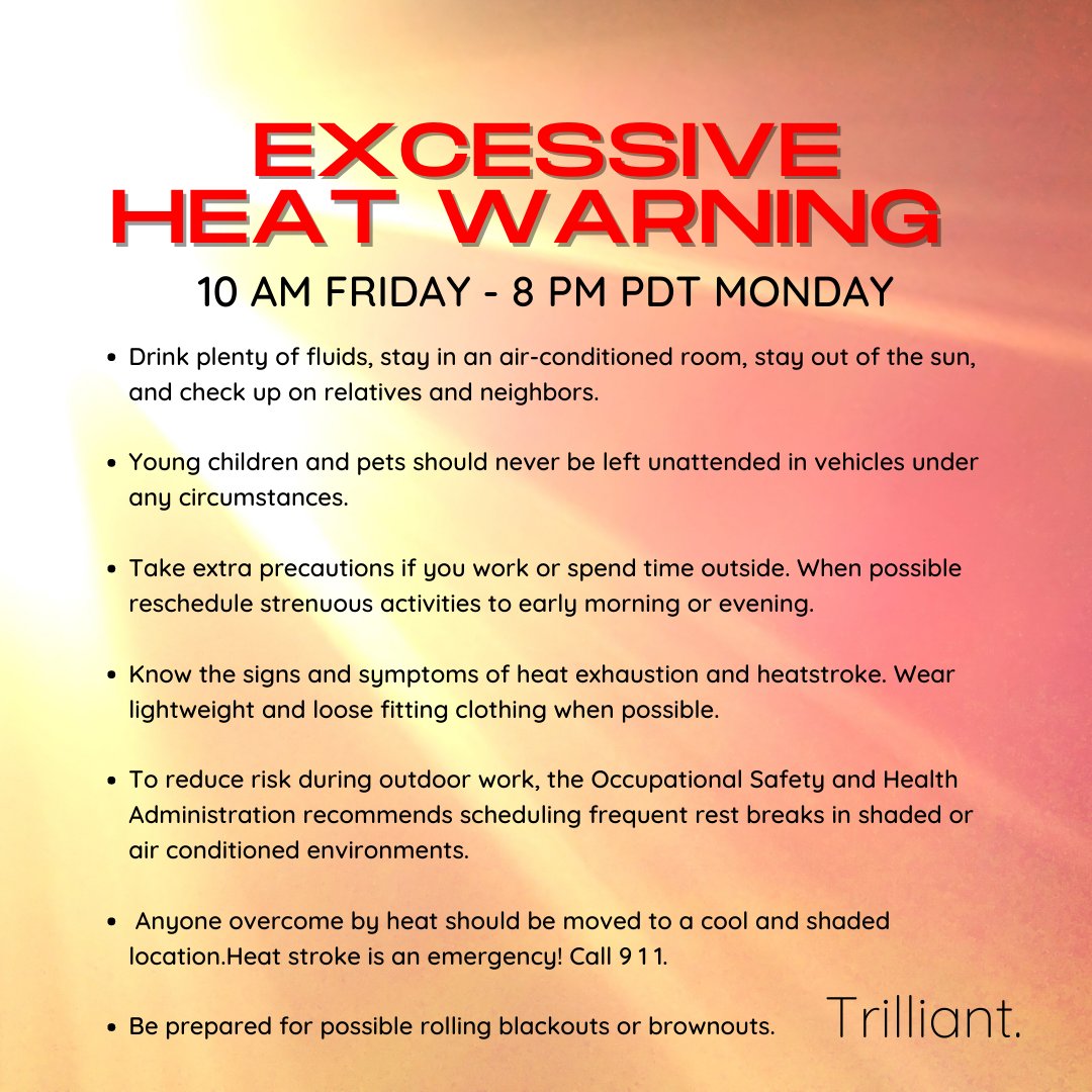 Trilliant_Inc's tweet photo. Get ready for a long and HOT weekend! 
Please, be careful and take precautions; we know how to handle the heat here, but it never hurts to be prepared! 
.
.
#heatwave #heat #excessiveheat #itstoohot #precaution #socal #LA #heatwarning #summer https://t.co/7ZcoUo0omD