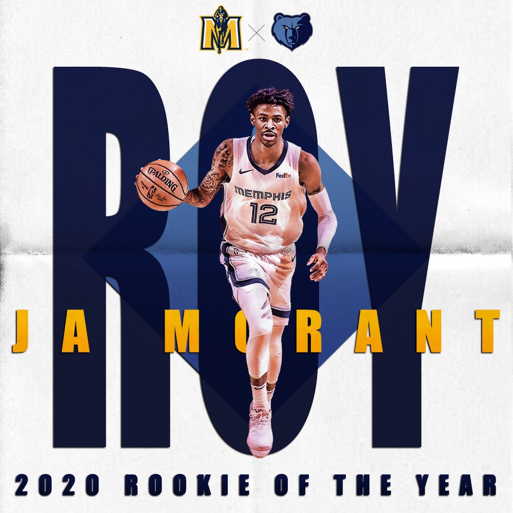RacersHoops's tweet photo. The NBA Rookie of the Year. @JaMorant averaged 18 PPG, 7 APG, &amp; 4 RPG with the @memgrizz! #RacerTradition 🐎🐎🐎 https://t.co/3x3xHBLn5C