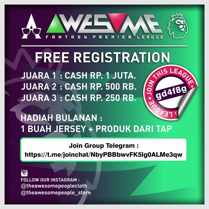 pisangij01's tweet photo. 112. Awesome
Sesuai namanya awesome, Liga ini benar2 keren.. Syarat bebas asal join di Telegram. Hadiah 1,75 jt + jersey/bln. Kode liga gd4f8g

https://t.co/M2dalO0bCK https://t.co/oTiWDwjGmx
