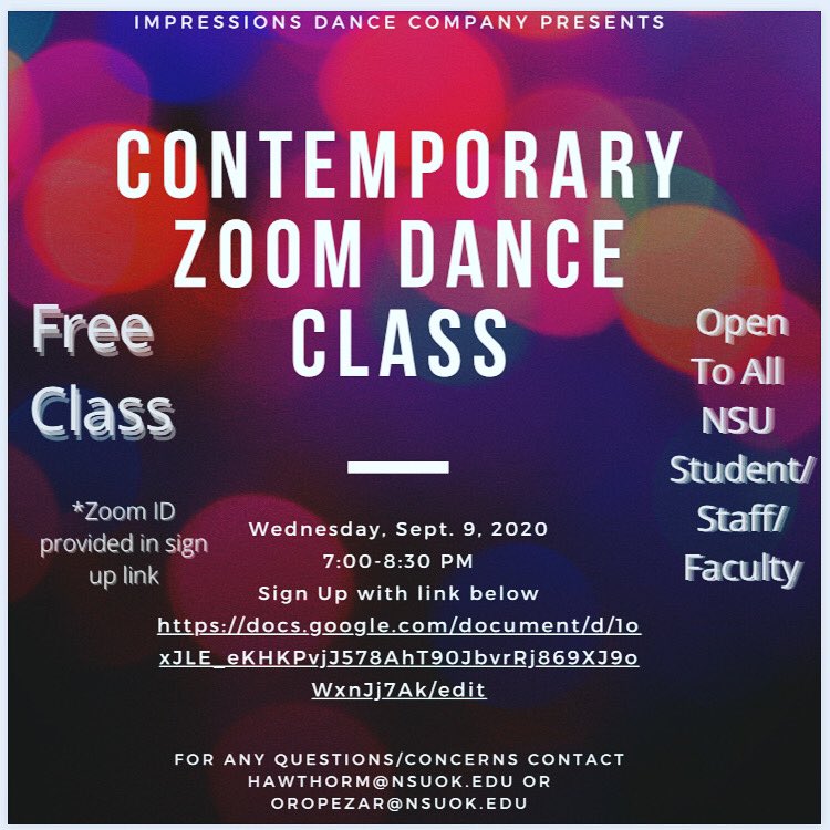 Hello dance fam! 💕

Next Wednesday, September 9th at 7:00 PM we will be teaching a contemporary dance class! ANY NSU STUDENT, FACULTY, or STAFF member can join!

See you then!!! 🌟

❗️P.S - *Must have a NSU email to access sign-up sheet*❗️