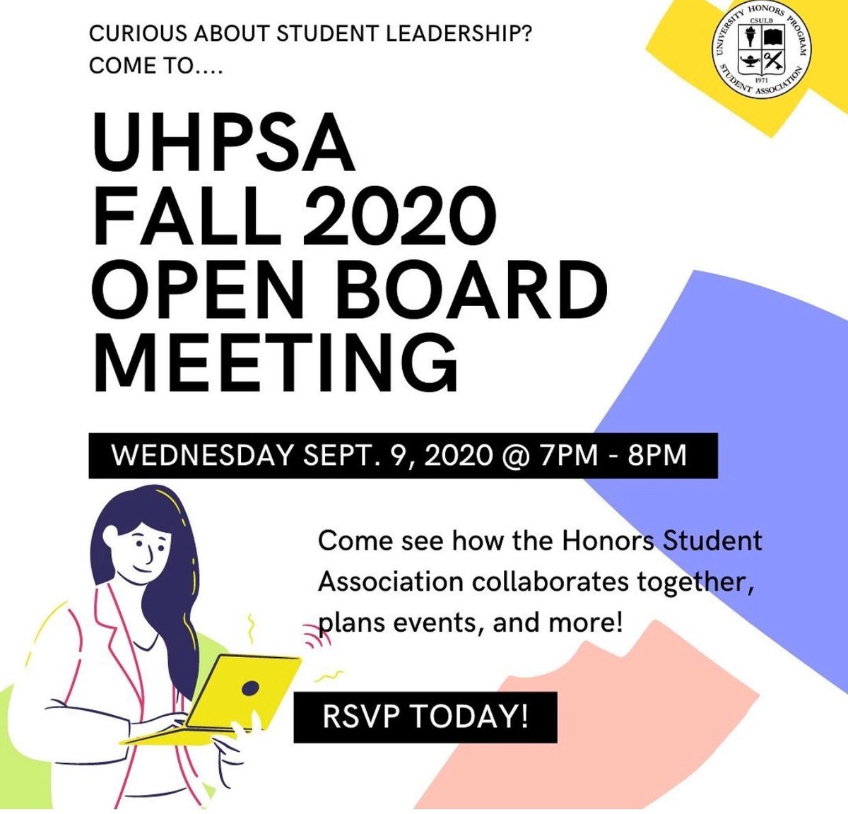If you're looking to get involved in UHP this semester, join UHPSA for our Open Board Meeting on Wednesday, September 9th from 7-8 P.M.! RSVP today through the link in our bio! ✨
