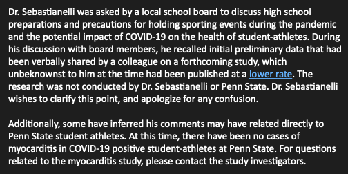 The Big Ten report on myocarditis earlier today  https://www.centredaily.com/sports/college/penn-state-university/psu-football/article245448050.html was WRONG and has now been corrected: https://twitter.com/BonaguraESPN/status/1301644428025540608