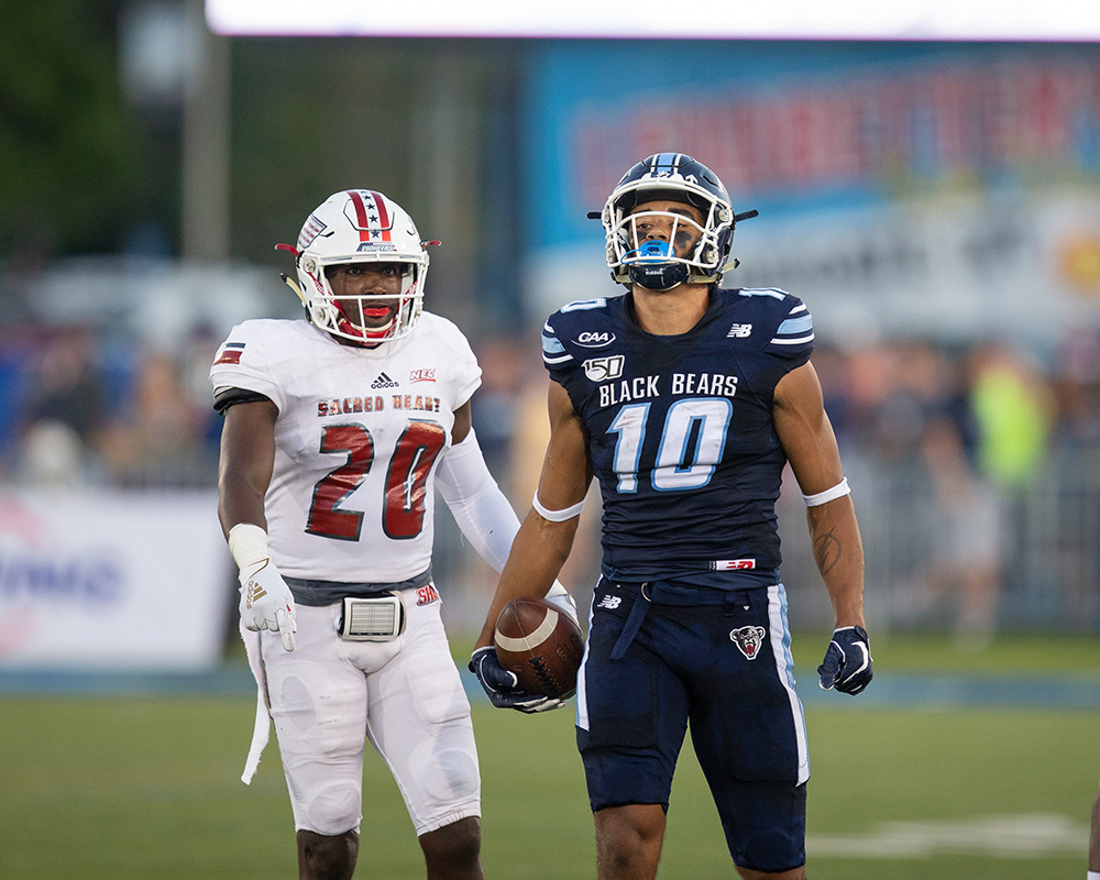 Maine's offense put on a show against the Pioneers to the tune of 42 first half points, scoring a touchdown on each of its first six possessions, while totaling 582 total yards of offense on the evening. #BlackBearNation |  #ChampionshipMentality |  #CAAFB