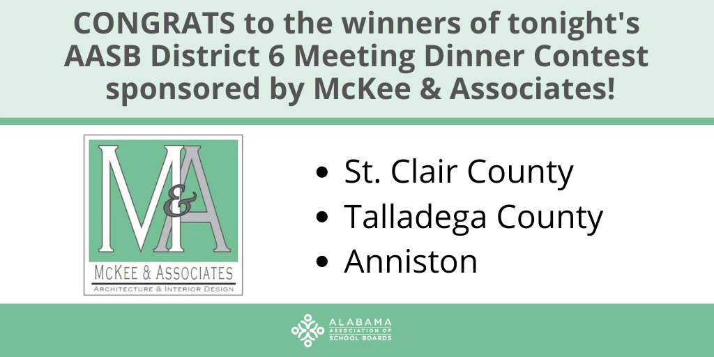 AlaSchoolBoards's tweet photo. Thank you so much to McKee &amp; Associates for sponsoring this evening's #AASBDistrictMeeting dinner contest for District 6. These boards are tonight's big winners! https://t.co/CXILifOZ7h