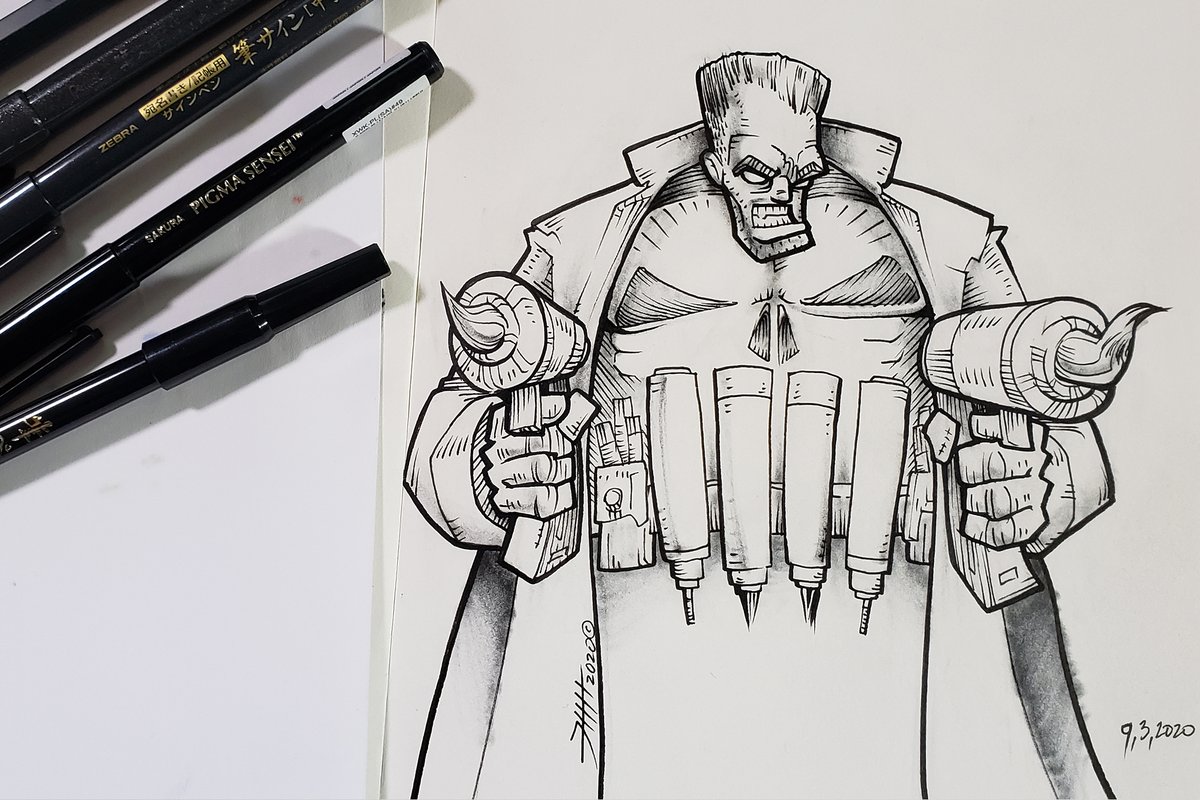 deltatangomike's tweet photo. I am out of practice. Quick warm up ink practice with the #Punisher #InkWarrior ready for the month long #PenandInkDrawing in October 2020

#SKETCH #blackbook, #Molotowpens, #Prismacolorpens, #FaberCastellpens, #PaperMateFlair, #SakuraPens #PentelSignPen #StabiloPens https://t.co/gFiAd1QCo9