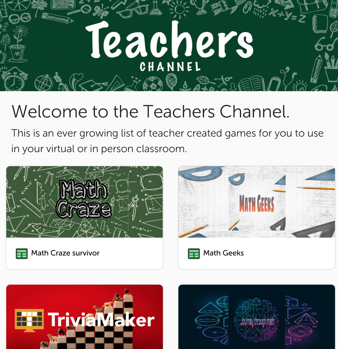 We're so excited to launch our Teacher's channel. These are some great pre-made games to liven up your virtual or in-person classroom. More games coming all the time!