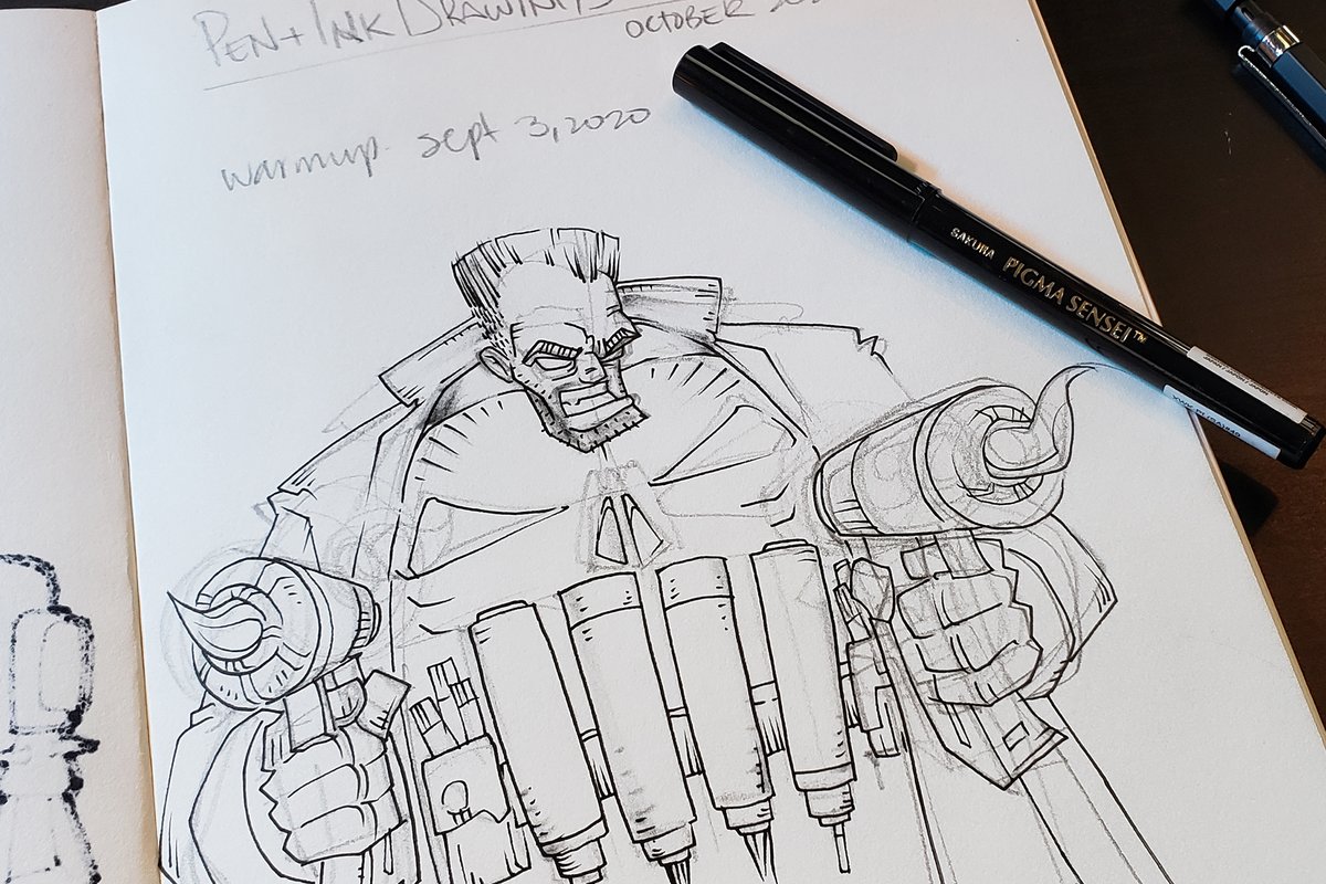 deltatangomike's tweet photo. I am out of practice. Quick warm up ink practice with the #Punisher #InkWarrior ready for the month long #PenandInkDrawing in October 2020

#SKETCH #blackbook, #Molotowpens, #Prismacolorpens, #FaberCastellpens, #PaperMateFlair, #SakuraPens #PentelSignPen #StabiloPens https://t.co/gFiAd1QCo9