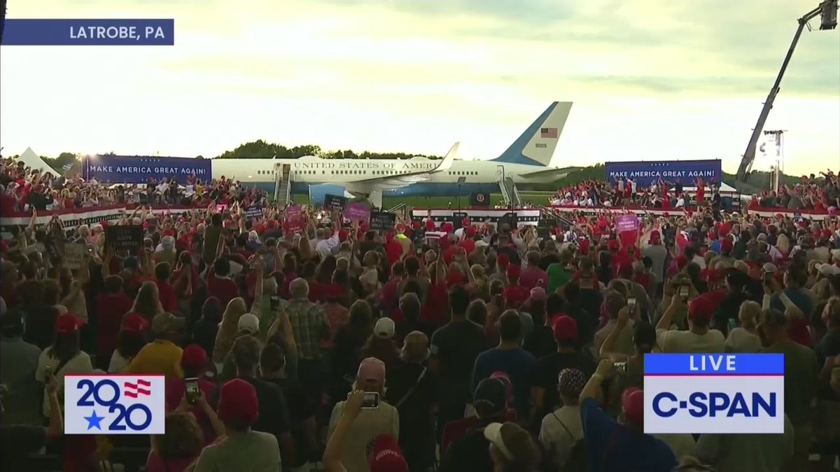 The Trump Superspreader Tour 2020 is in Latrobe, Pennsylvania. Follow for a video thread.