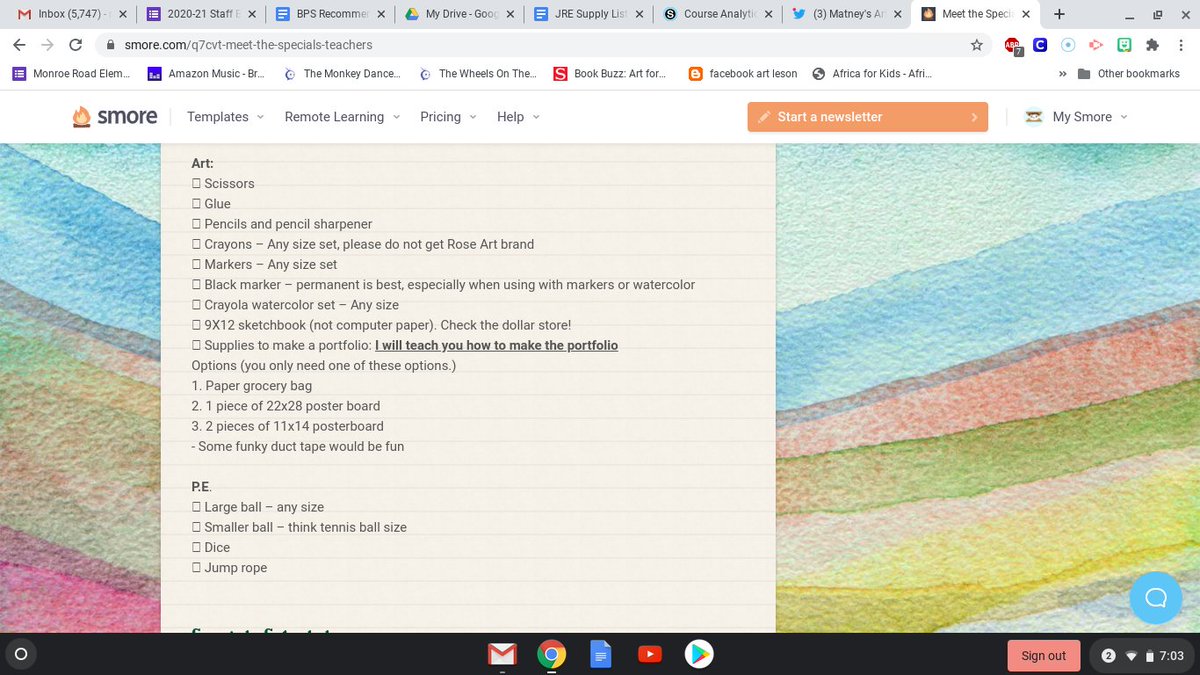 matney_art's tweet photo. Specials are virtual + we need 2 make sure students have access 2 certain supplies while working from home. Many of these items u may already have!  Please check the list + plan accordingly so that your child is ready to learn!  I look foward 2 seeing the amazing things u can do! https://t.co/p8fPjreSJ6