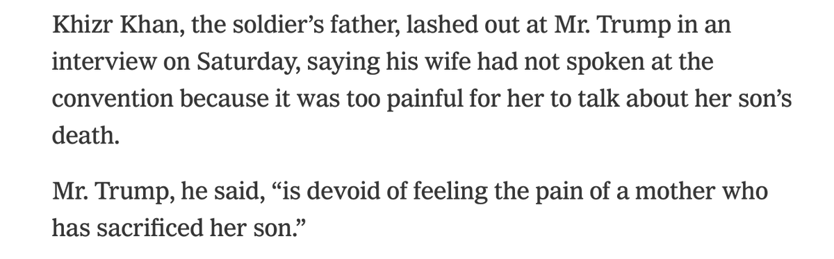 Every denial of the Atlantic story by  @JeffreyGoldberg about Trump's contempt for soldiers killed in battle or captured needs to result in him being confronted with all of he's done for 3.5 years.He attacked a Gold Star family for criticizing him.... https://www.nytimes.com/2016/07/31/us/politics/donald-trump-khizr-khan-wife-ghazala.html