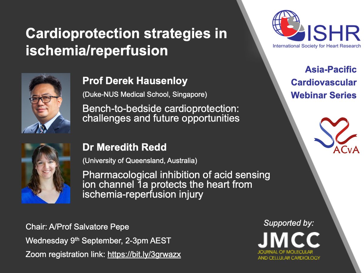 Dr Kate Weeks (@k8weeks) on Twitter photo Next week's #ISHR webinar:
"Cardioprotection strategies in ischemia/reperfusion"
Speakers: Prof Derek Hausenloy & Dr <a href="/ReddMeredith/">Meredith Redd</a>
Chair: <a href="/SalvPEPE/">Professor Salvatore Pepe</a>
Wed 9th Sept 2pm AEST (Tues in 🇺🇸)
Register: bit.ly/3grwazx
<a href="/OzCvA/">ACvA</a> <a href="/IMBatUQ/">Institute for Molecular Bioscience</a> <a href="/JMCCardiology/">Journal of Molecular and Cellular Cardiology</a>
<a href="/KimMellor_UAkl/">Kim Mellor</a> <a href="/QCVRN/">Queensland Cardiovascular Research Network</a> Next week's #ISHR webinar:
"Cardioprotection strategies in ischemia/reperfusion"
Speakers: Prof Derek Hausenloy & Dr <a href="/ReddMeredith/">Meredith Redd</a>
Chair: <a href="/SalvPEPE/">Professor Salvatore Pepe</a>
Wed 9th Sept 2pm AEST (Tues in 🇺🇸)
Register: bit.ly/3grwazx
<a href="/OzCvA/">ACvA</a> <a href="/IMBatUQ/">Institute for Molecular Bioscience</a> <a href="/JMCCardiology/">Journal of Molecular and Cellular Cardiology</a>
<a href="/KimMellor_UAkl/">Kim Mellor</a> <a href="/QCVRN/">Queensland Cardiovascular Research Network</a>