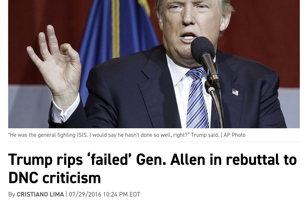 In July 2016, Trump slammed retired Gen. John Allen: “You know who he is? He’s a failed general. He was the general fighting ISIS. I would say he hasn't done so well, right?” https://www.politico.com/story/2016/07/donald-trump-general-john-allen-226462