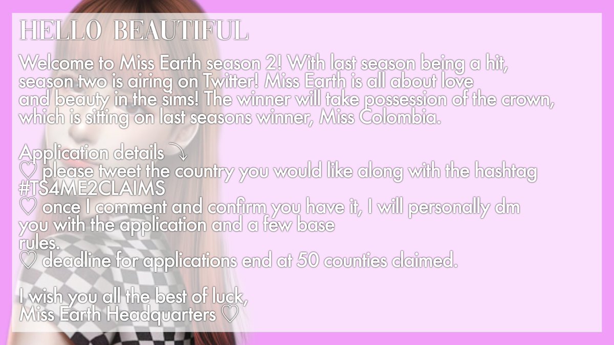 TS4MissEarth's tweet photo. Season 2 applications are open! I look forward to seeing you soon ♡ https://t.co/TydHVNB6WC