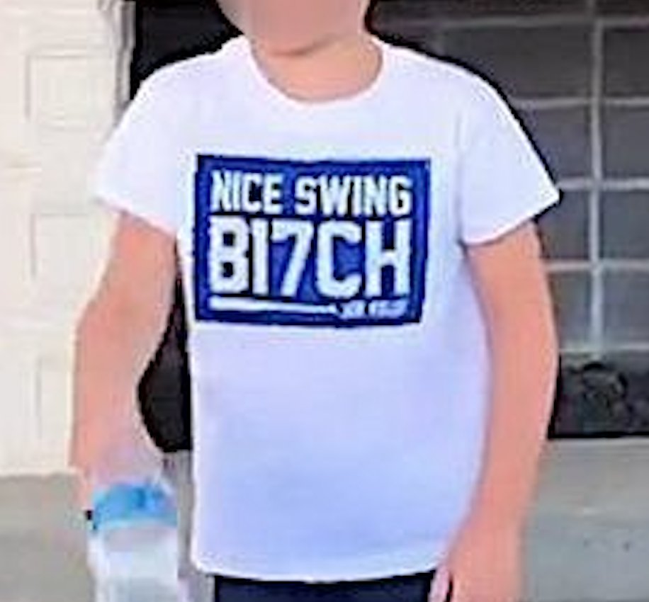 verymlb's tweet photo. Joe Kelly's son representing the cause with a "Nice swing, b17ch" shirt

(Via @ashleynicokelly IG) https://t.co/0izytgnbbN