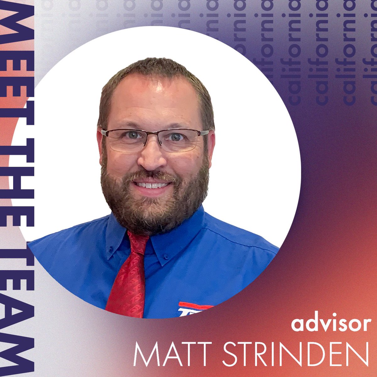 CaliforniaTSA's tweet photo. Meet your 2020-2021 California State Advisor, Matt Strinden!!

#TSAnow #TechnologyStudentAssociation #CATSA #CTE #CTSO #edchat #edtech #teachingideas https://t.co/Cn10TFVI39