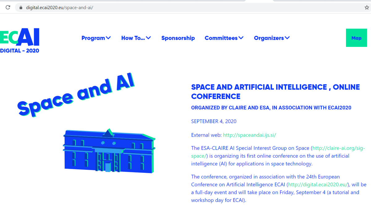 Join TODAY 8.55 (CEST) the #Space and #AI event, organized by @vision_claire, <a href="/esa/">European Space Agency</a>,<a href="/ECAI2020/">Digital ECAI2020</a>.👉Register: spaceandai.ijs.si.👀Watch live: digital.ecai2020.eu/space-and-ai/ Keynotes: <a href="/xiaoxiang_zhu/">Xiaoxiang ZHU</a> <a href="/ChaireSIRIUS/">SIRIUS Chair - Chaire SIRIUS</a> <a href="/lucienrapp1/">Lucien Rapp</a> K. Wagstaff (<a href="/marsdancer/">Kiri Wagstaff</a>) J. Parr (<a href="/FDL_AI/">FDL.AI</a>) A. Donati (<a href="/ESA/">European Space Agency</a>)