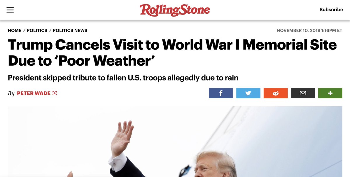 In November 2018, Trump cancelled a visit to the Ainse-Marne American Cemetery and Memorial in northern France, where thousands of Marines were buried after dying in the Battle of Belleau Wood in World War I, "due to weather". It was drizzling.  https://www.rollingstone.com/politics/politics-news/trump-cancels-visit-france-memorial-754519/