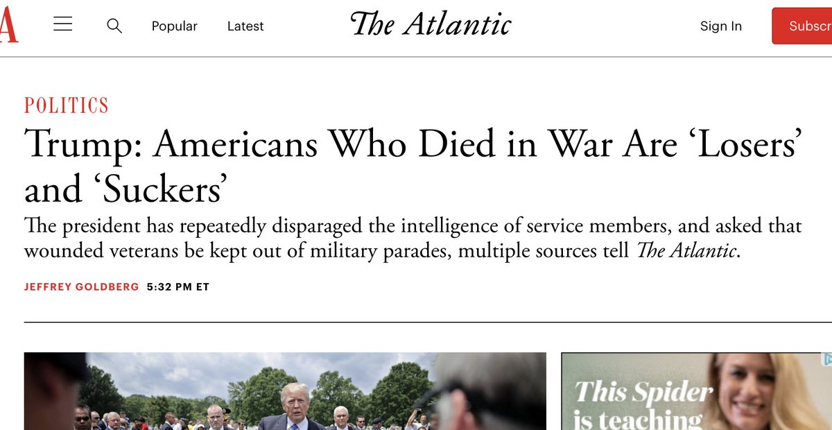 It was later revealed--in reporting by  @JeffreyGoldberg this evening--that Trump called the Marines who died at Belleau Wood "losers" and "suckers". He also insulted the intelligence of service members and wanted wounded vets kept out of military parades.  https://www.theatlantic.com/politics/archive/2020/09/trump-americans-who-died-at-war-are-losers-and-suckers/615997/