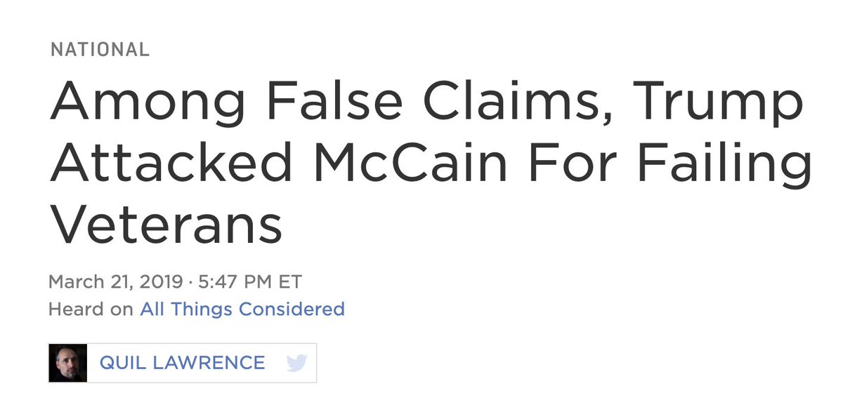 In March 2019, while at a rally in Ohio, Trump went into a five-minute rant about John McCain, who had died back in August, including a number of blatant lies about his career and record, including: failing veterans.  https://www.npr.org/2019/03/21/705598385/among-false-claims-trump-attacked-mccain-for-failing-veterans