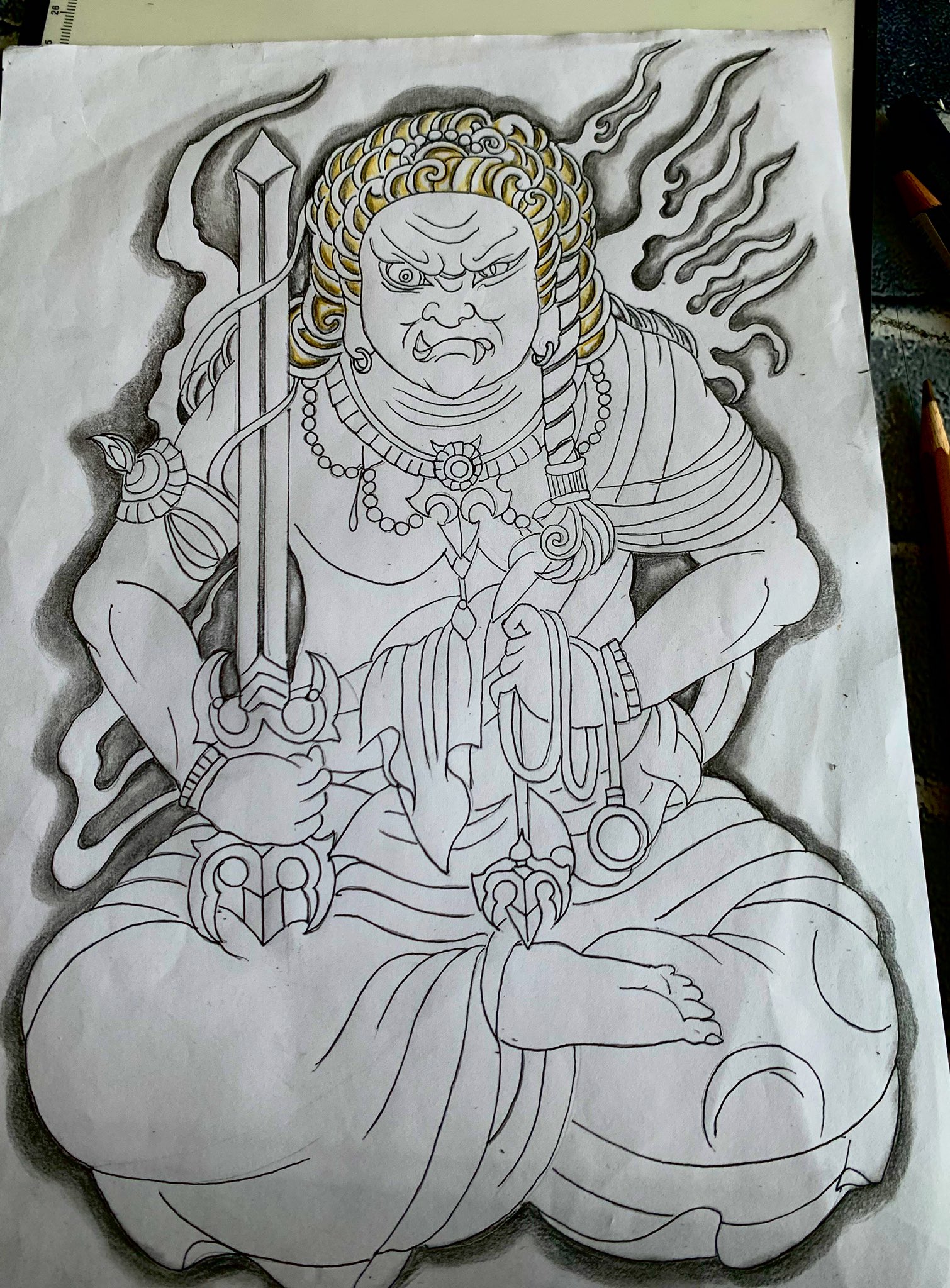 𝔄𝔎ℑℜ𝔄 おはようございます 不動明王描き終わったのを載せ忘れてました なんかてんとう虫みたいになりました 不動明王 ファーバーカステル コピック ミリペン 絵 アート イラスト デザイン 絵描きさんと繋がりたい イラスト好きな人と