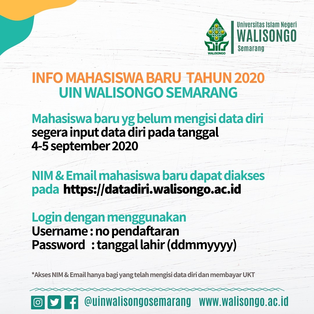 UinWSofficial's tweet photo. Halo #sobatwalisongo
Info nih buat maba, bagi yang belum mengisi data diri saat melakukan pendaftaran di kampus kita
Yuk segera lengkapi... Jangan lupa baca tanggal pentingnya, biar gak kelewat lagi.
#walisongoinfo
#infomaba
#lengkapidatadiri
#uinwalisongosemarang https://t.co/lGa7Omcj7E